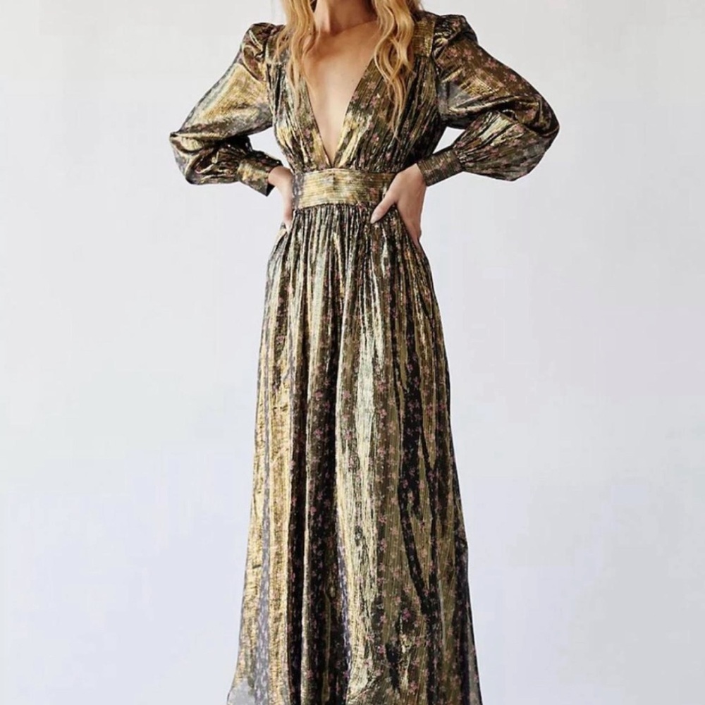 LoveShackFancy Metallic Gold Long Sleeve Dress